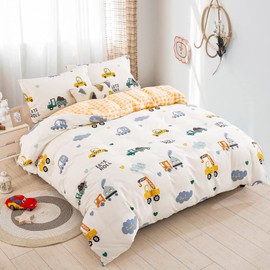 Kids Duvet Cover Set Full Size, Cotton Cartoon Car Truck Bedding Set for Boys Girls, 3 Pieces Soft Breathable White Yellow Plaid Reversible Comforter Cover Set (1 Duvet Cover+2 Pillowcases)