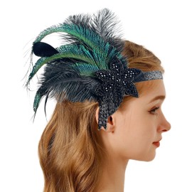 Flapper Headpiece 1920s Roaring 20s Great Gatsby Headband for Women - Black and Green Peacock Feathers Hair Accessories with Beaded