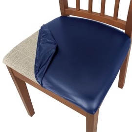 WENZMOC PU Leather Seat Covers for Dining Chairs, 4 Pack 100% Waterproof Dining Room Chair Seat Covers Stretch and Wipeable Kitchen Chair Cover Protectors (PU Navy, 4 PCS)