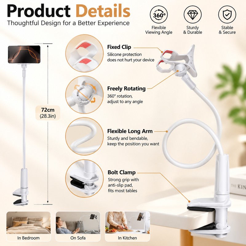 Flexible Long Arm Phone Holder for Hands-Free Viewing – Adjustable