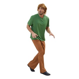 LILLIWEEN Shaggy Costume Mens Green V-Neck Short-Sleeve Shrit Corduroy Bell Bottom Flares Pants 60s 70s Vintage Costume L
