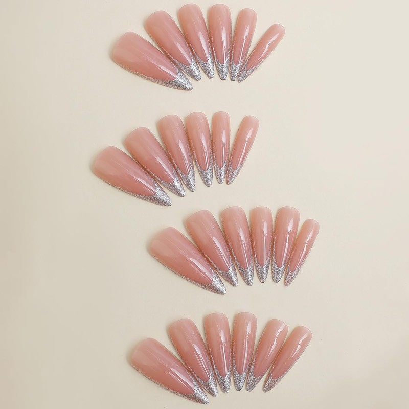 Silver French Tips Fake Nails Long Almond Press on Nails