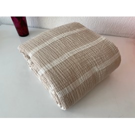 Muslin Blanket 100% Cotton, 4 Layers Bedspread, Soft Turkish Cotton Muslin Bed Cover, Reversible Coverlet, Striped Beige (Full/Queen Size 91x95-230x240cm)