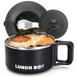 Roucerlin Microwave Ramen Bowl with Lid and Handle, 40.5 Oz Stainless Steel Liner Microwavable Soup Noodle Bowls, Instant Ramen Cooker Microwave Container for Office College Dorm (Black)