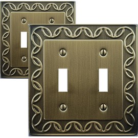 OKAWYC Double Toggle Light Switch Cover NovaBloom Metal Wall Plate, 2-Pack Antique Brass 2 Gang, Light Switch Cover Decorative Wallplate, Durable