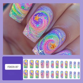 LOPMNGHT Colorful Stripes Press on Nails Medium Square Stars False Nail Planet Pattern Design Artificial Stick on Nails Full Cover Gradient Acrylic Glue on Nails for Women Manicure Decoration 24Pcs