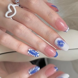 24 Pcs Short Press on Nails Almond - Cute Press on Nails Blue Press on Nails Cute Preppy Nails Handmade Press on Nails French Press on Nails Flowers Designs Short Round Press on Nails for Young Girls