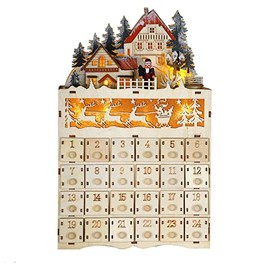 MorTime 24 Day Advent Calendar Decorated with Lighted Reindeer Cabin and Christmas Tree, Wooden Countdown to Christmas Calendar Decoration with 24 Storage Drawers