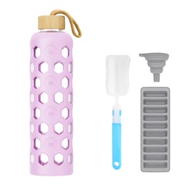 Luxgola 32 oz Glass Water Bottle with Bamboo Lid, Reusable Clear Drinking Bottles with Silicone Sleeve and Time Marker, Motivational Glass Tumbler with Funnel and Ice Tray, BPA Free (Lilac-1 Pack)