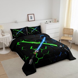 Geometric Honeycomb Comforter Set Full Size Neon Blue Purple Light Lightsaber Bedding Set Kids Boys Girls Men Room Decor 3D Glowing Hexagon Quilt Set Fashion Black Duvet Insert,2 Pillowcases