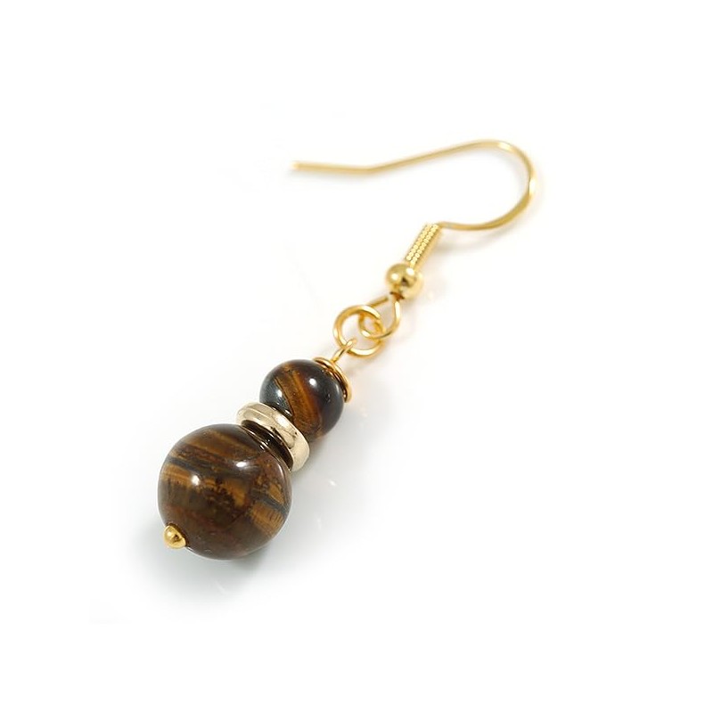 Natural Tiger Eye Stone Double Bead Drop Earrings with 925