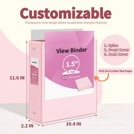 SUNEE 3 Ring Binder 1.5 Inch 2 Pack, Clear View Binder Three Ring PVC-Free (Fit 8.5x11 Inches) for School Binder or Office Binder Supplies, Pink Binder