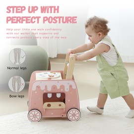 Wooden Baby Walker, Multifunctional Ice Cream Cart Activity Toy for Learning to Push Walk with Wheels, Pretend Playset Ideal for Toddlers, Boys and Girls Ages 18-36M
