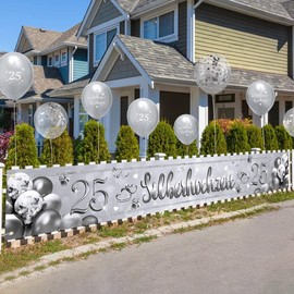 Silver Wedding Decoration Banner 270 x 35 cm 25th Wedding Anniversary Party Banner Polyester and 12 Pieces Latex Balloons (12 Inches) Hanging Decoration for Silver Wedding 25th Anniversary 25th