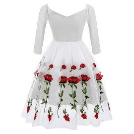 Women's Vintage Off Shoulder Rose Embroidered Flower 1950s Evening Prom Party Dress Retro Rockabilly 3/4 Sleeves Tulle Lace Wedding Formal Gown Cocktail A Line Midi Swing Dress White X-Large