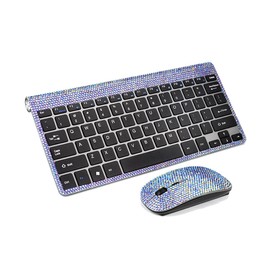 Wireless Keyboard and Mouse, Bling Dazzling Crystal Rhinestone USB Slim Wireless Keyboard Mouse with Numeric Keypad Compatible with iMac Mac PC Laptop Tablet Computer Windows - Silver White