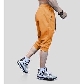 Fioboc Mens Joggers with Pockets -Cotton Drawstring Sweat Pants Hiking Outdoor 3/4 Jogging Sweatpants Pants Orange L