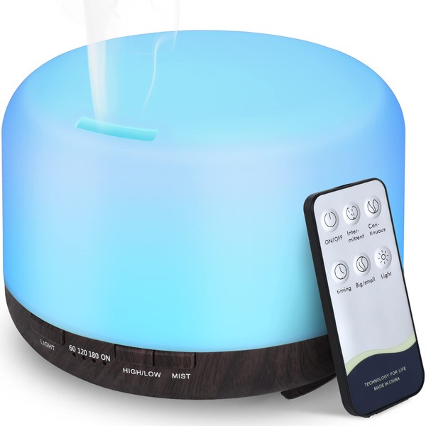 Hianjoo Aroma Diffuser 450 ml, Humidifier with Timer, Ultrasonic Aromatherapy Diffuser, 7 Colours LED with Remote Control for Bedroom/Office/Yoga/Spa - Dark Wood