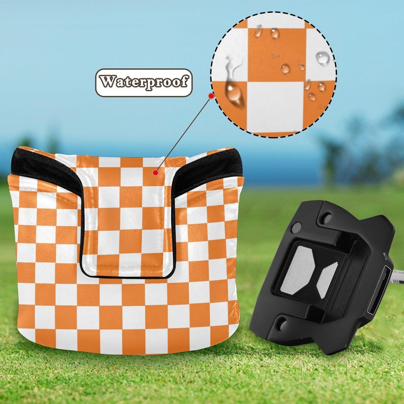 Checkered Plaid Orange Print Putter Cover PU Leather Magnetic Blade
