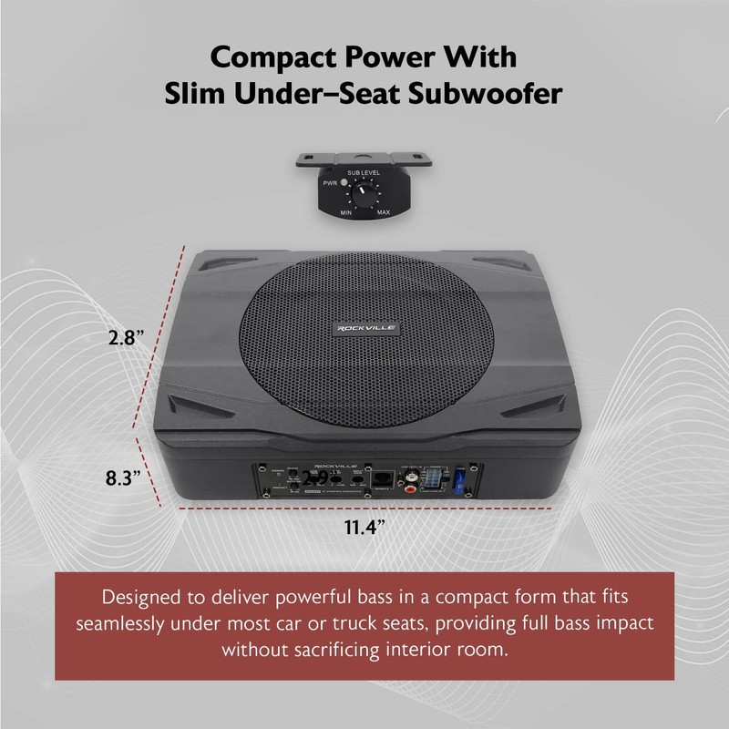 Rockville SS8P 400W 8" Slim Under-Seat Active Subwoofer, High-Level Inputs,