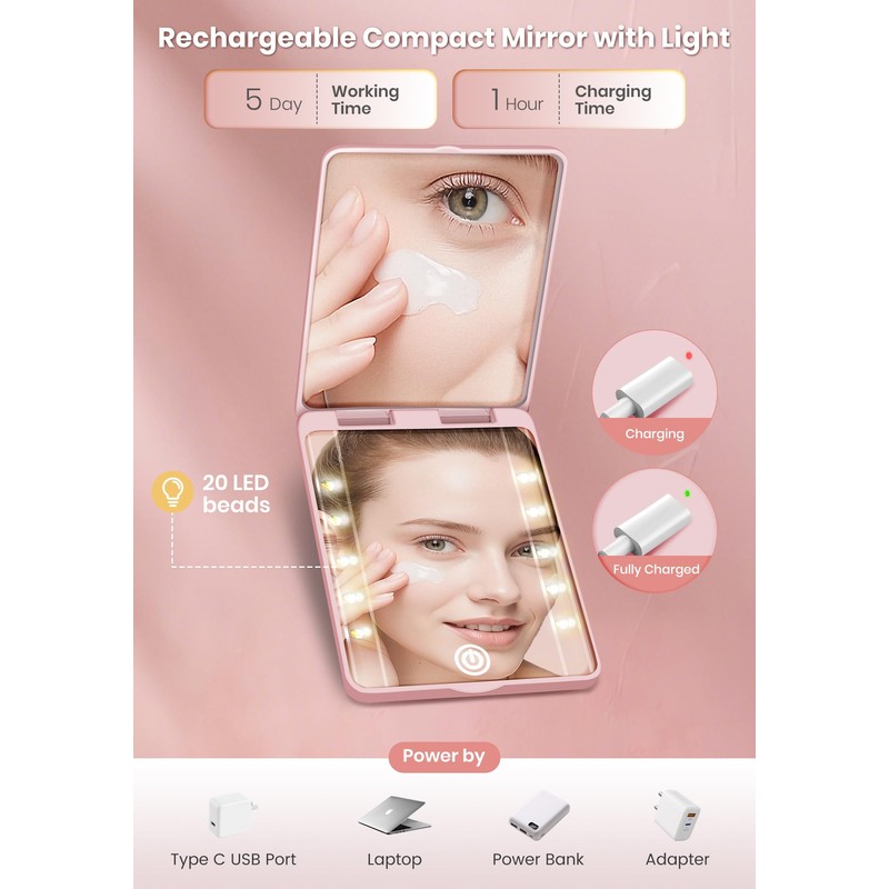 SisKokoro Compact Mirror, Rechargeable 30X Magnifying Mirror with 3 Lighting