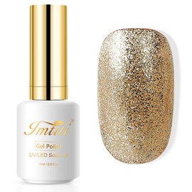 Esmalte de uñas en gel de color amarillo dorado, 1 pieza de 15 ml, esmalte de uñas en gel de larga duración con LED y purpurina platino               