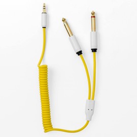 MyVolts Candycord audio cable, straight mini jack to 2 x straight large jack, curly 40cm to 50cm, Pineapple Yellow colour