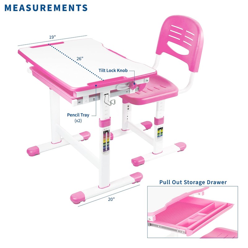 VIVO Pink Height Adjustable Children's Desk and Chair Set |