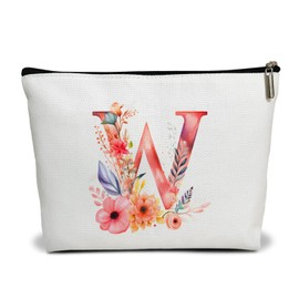 Letter W Cosmetic Bag Flower Letter Makeup Bag Pink Alphabet Initial Makeup Bag Birthday Gifts for Women Mom Friend Bride Bridesmaid Cosmetic bag(B023)