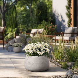 LuxenHome 11" Dia Round Planter, Indoor Outdoor Large Plant Pot with Drainage Hole and Rubber Plug, Distressed Ripped Flower Pot for Plants, Handmade Concrete Planter Garden Pot for Home Garden Patio