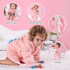 Michely - Albornoz de algodón con capucha para niños, diseño de dinosaurio, Rosado, S/1-3 Años