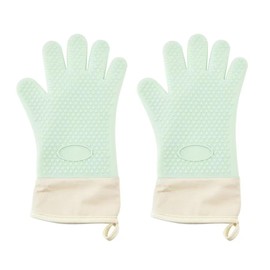1 Pairs Silicone Oven Mitts & Pot Holders, Extended Long 5-Finger Design with Soft Cotton Lining, Heat Resistant up to 500°F, Waterproof&Non-Slip Kitchen Gloves for Baking, Grilling, Cooking(Green)