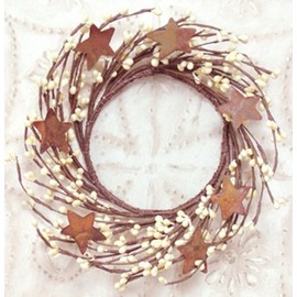 Wreath - 4" Vanilla/Ivory Pip Berry and Rusty Star Wreath - Primitive Country Rustic Twig Decor