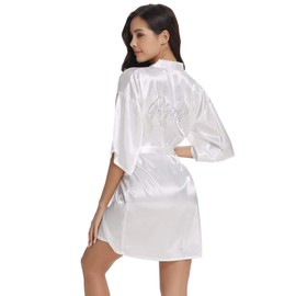 Vlazom Bride Bridesmaid Robes Silk Bridal Party Kimono Robes, Dressing Gown Glitter Bridesmaid Gift for Wedding Party White for Bride(back in Rhinestones) M(UK 8-10)