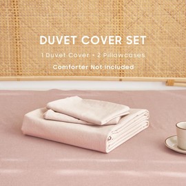 Wake In Cloud - Ticking Cotton Duvet Cover Set, 100% Washed Cotton Textured Percale Bedding Set, Stripe Striped Pinstripe Farmhouse, 3 Pieces, Dusty Pink, Full Size