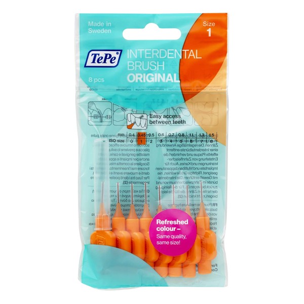 TePe Interdental Brush, Original, Orange, 0.45 mm/ISO 1, 8pcs, plaque removal, efficient clean between the teeth, tooth floss, for narrow gaps