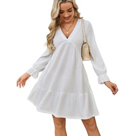 NWFZCCP Fall Dresses for Women 2024, Flowy Ruffle Winter Wedding Guest Dress(White,XL)