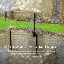 Sunjoy Christmas Decoration 34 Inch Illuminated Stacking Gift Box, 3D Tinsel Santa Stacking Gift Box Outdoor Garden Yard Lawn Festive Holiday Decoration with Lights for Indoor & Outdoor