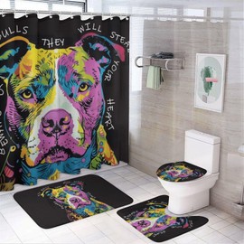 Amoewccr Punk Pitbull Dog Graffiti 4 Pcs Bathroom Shower Curtain Set,Bathroom Sets with Rugs (Bath Mat,U Shape and Toilet Lid Cover Mat), Bathroom Decor Set