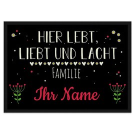PR Print Royal Doormat with Saying "Lebt Liebt Lacht" - Familie - Self Design with Name of Choice - Many White Hearts 60 x 40 cm