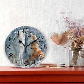 Arctic Wolf and Fox Wall Clock Battery Operated Non Ticking Silent Quartz Analog Rustic Farmhouse Round Clock Retro Decor for Home Kitchen Living Room Bathroom