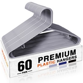 HOUSE DAY Grey Plastic Hangers 60 Pack, Non-Slip Plastic Hanger with Dual Hooks - Slim Space Saving 1/4" Thin Closet Organizers for Coats, Shirts, Pants & Dresses - Lightweight Garment Friendly