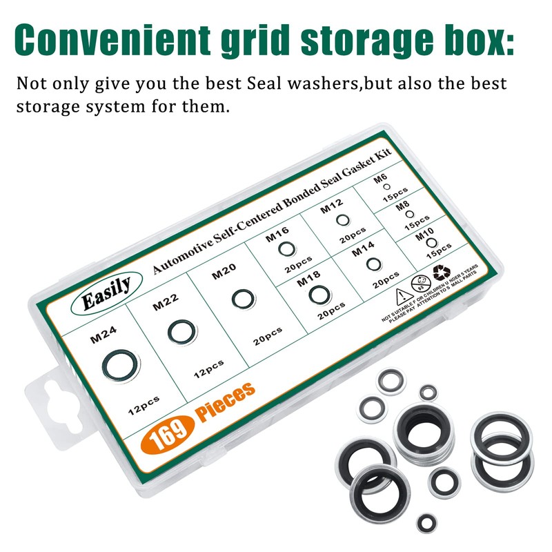 169PCS Automotive Self-Centered Bonded Seal/Gasket Assortment, Bonded Washer 10 Sizes,