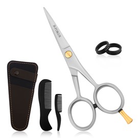 B-FOKUS Tijeras profesionales para bigote, tijeras alemanas de acero inoxidable de 5 pulgadas, kit de barba para hombres con funda de piel sintética y juego de peine, kit de aseo facial perfecto (arena plateada)