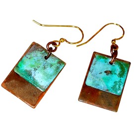 Elaine Coyne Verdigris and Earth Patina Solid Brass Bohemian Chic Overlapping Rectangle Dangle Earrings