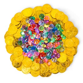 Kesote 300 x Pirate Treasure Toy Children 100 Gold Coins + 200 Gemstones Pirate Decoration for Children's Birthday Party Party Bags