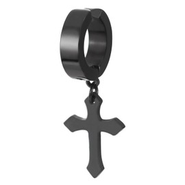 Black Hoop Earrings with Dangling Cross, Steel Clip-on Earrings, Non-piercing Earrings, Mens Women(CA)