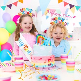 Rikastua - Juego de banda y corona de tiara para mujeres y niñas, diseño de diadema y banda de cumpleaños con diseño de arcoíris y texto en inglés "It's My Birthday", para decoración de fiesta de cumpleaños y feliz, accesorios para la cabeza, colorido