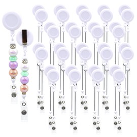 15pcs White Beadable Badge Reels Making Kits - Beaded Blank Bars Bulk - Retractable Badge Reel with Belt Clip for ID Name DIY Gift Beadable Items for Nurses, Teachers, Students, Office, Workers