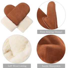 Harssidanzar KL024EU Women's Mittens, Winter Sheepskin Lambskin Heated Warm Furry Gauntlets Leather Gloves, Camel